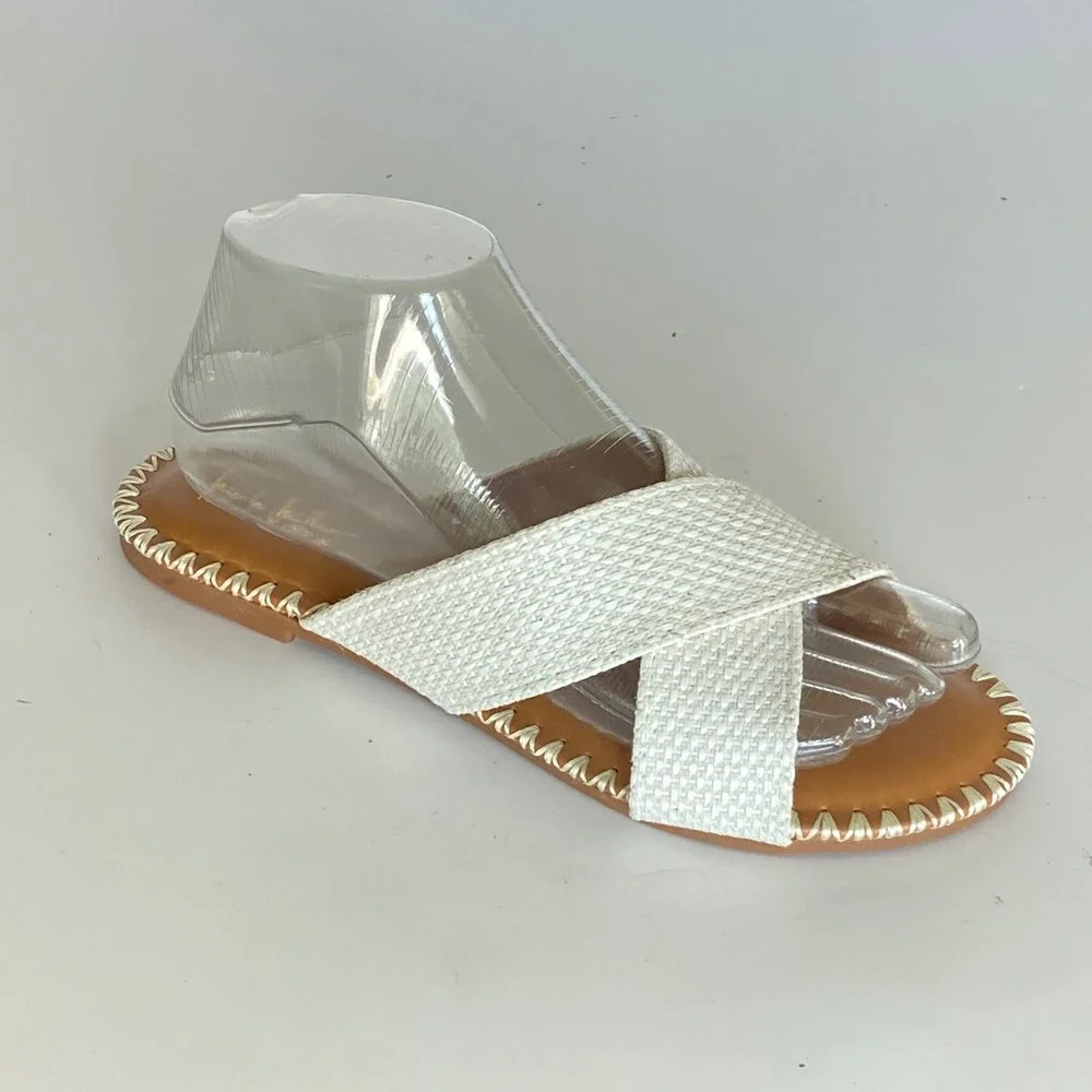 Nicole Miller New York Colie Cream Woven Crisscross Whipstitch Slide Sandals 7